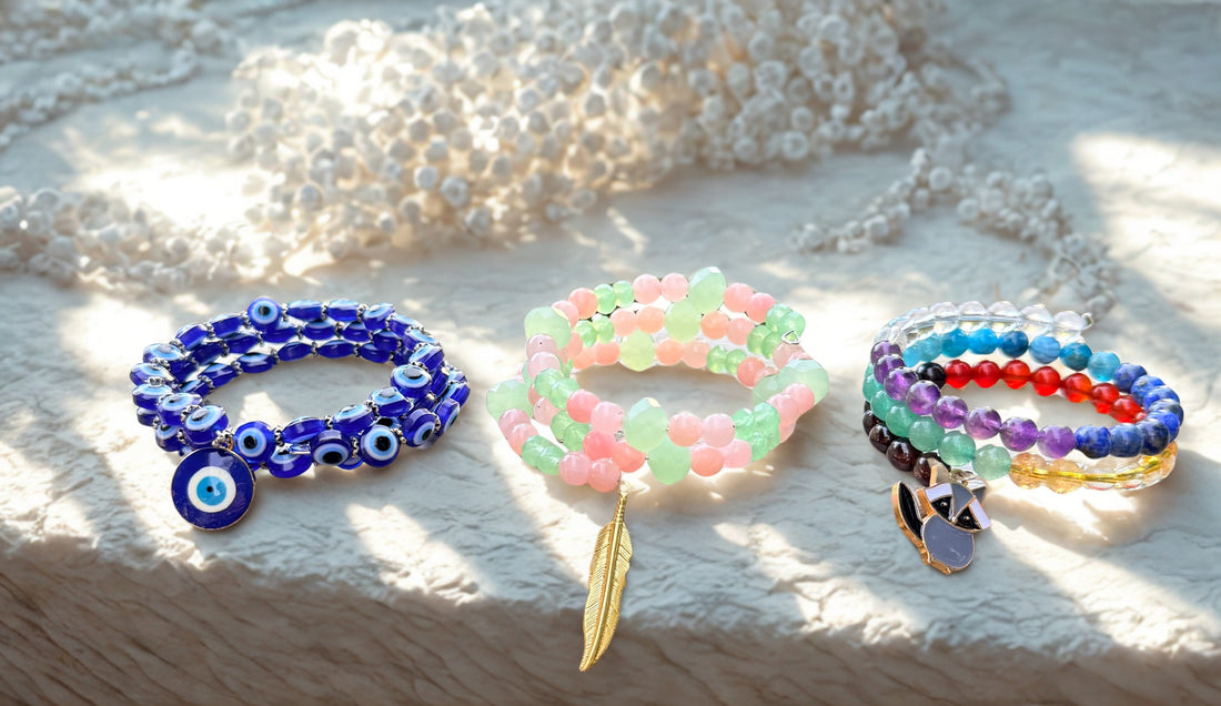 Finished memory wire beaded bracelets with stone and crystal beads in different styles