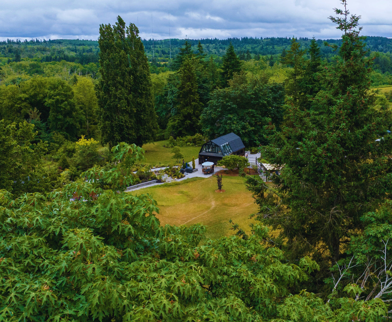 A small house surrounded by dense greenery and trees on a cloudy day.