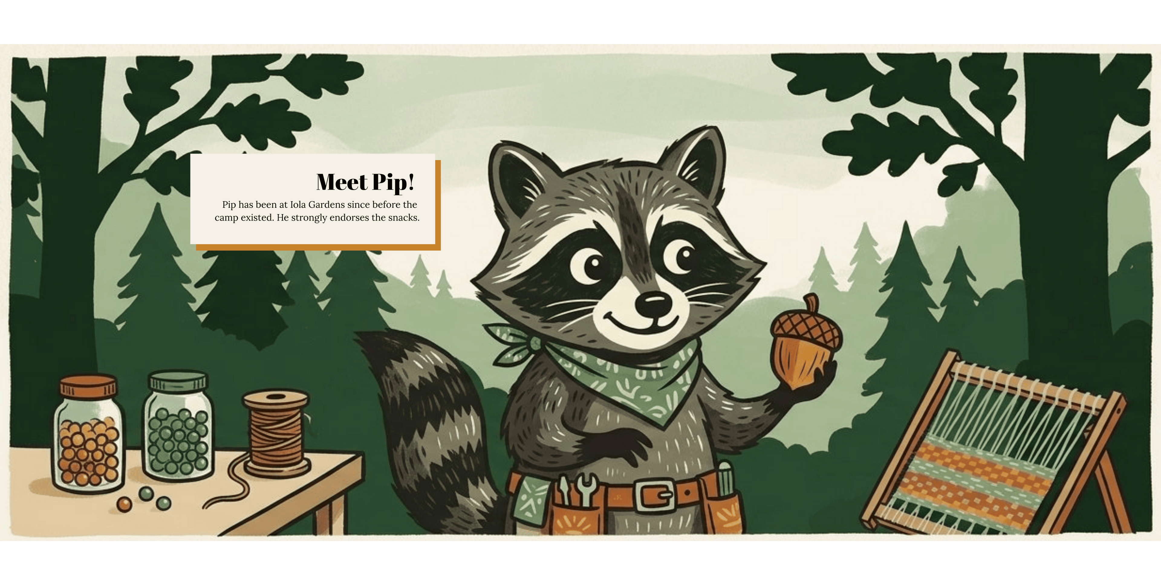 Illustration of a raccoon character holding an acorn in a forest setting.