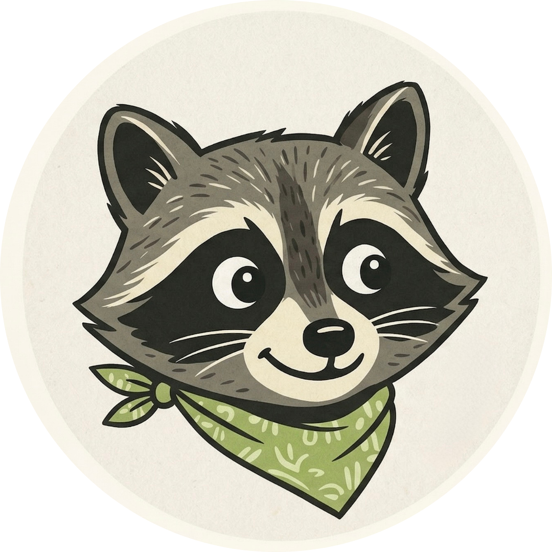 Raccoon illustration with a green bandana on a white background