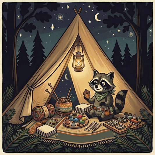 Illustration of a raccoon in a tent with art supplies and a lantern, surrounded by trees at night.