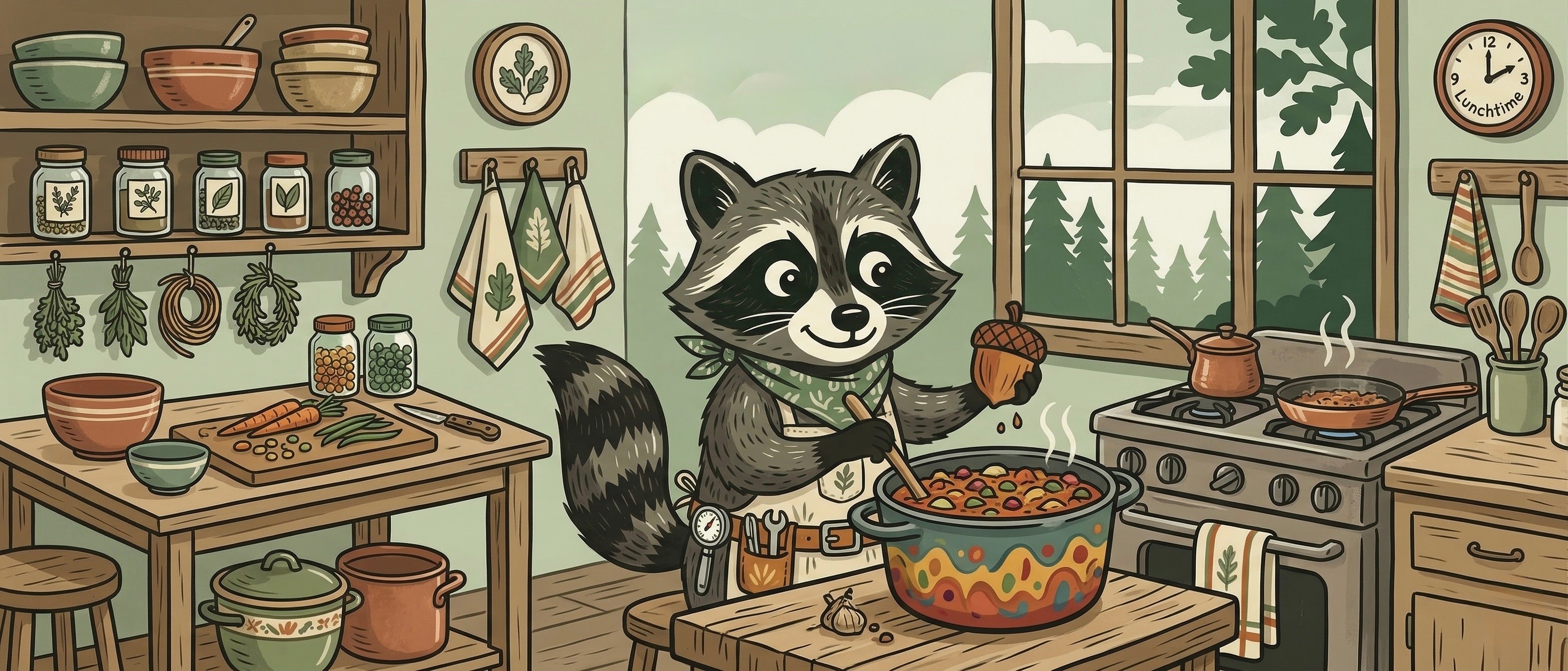 Illustration of a raccoon cooking in a kitchen