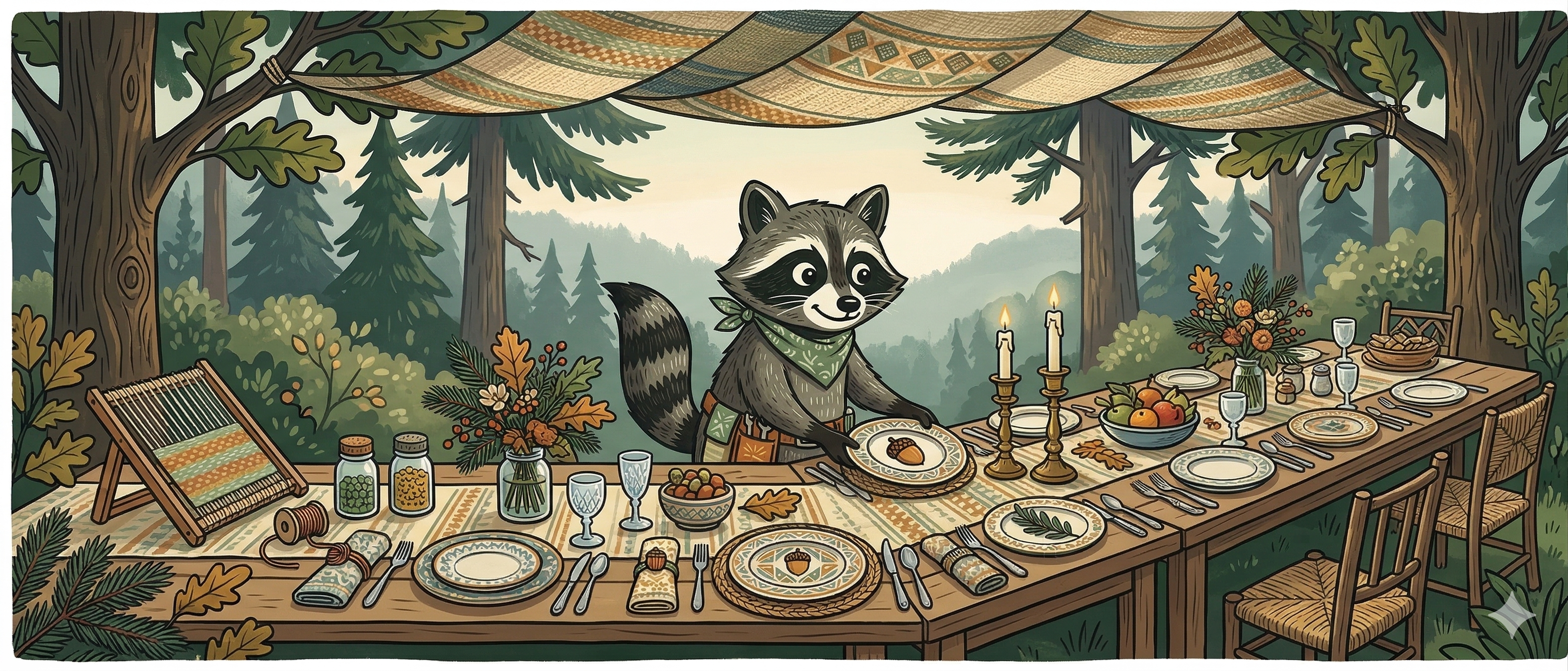 Raccoon at a table set for dinner in a forest setting