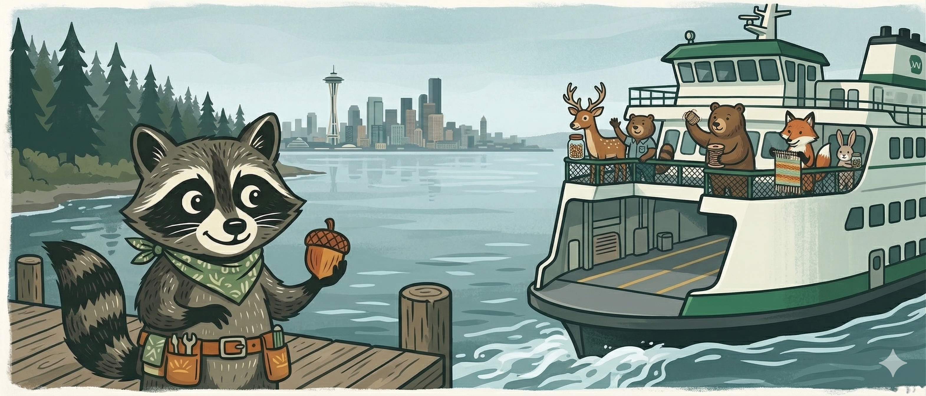 Illustration of a raccoon holding an acorn on a dock with a ferry heading to Seattle