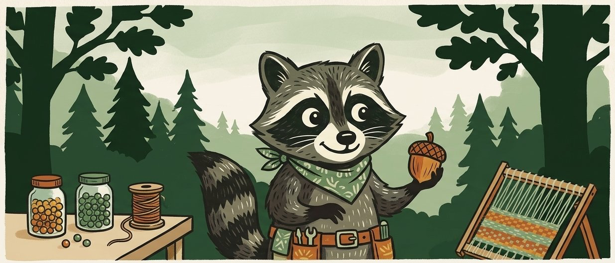 Illustration of a raccoon holding an acorn with art supplies in the forest. 