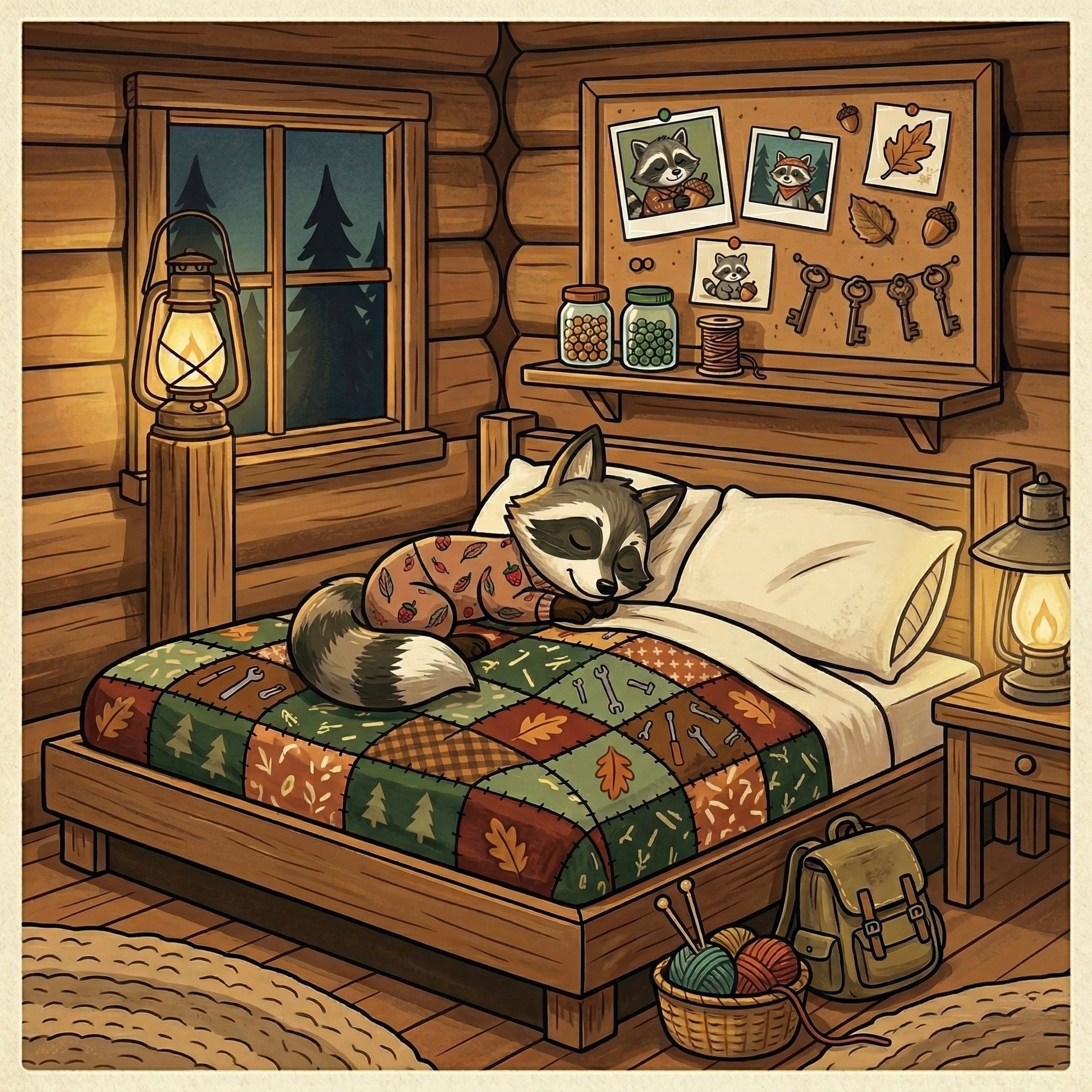 Illustration of a raccoon sleeping on a bed in a cozy cabin room.
