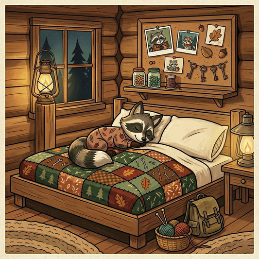 Illustration of a raccoon sleeping on a bed in a cozy cabin room.