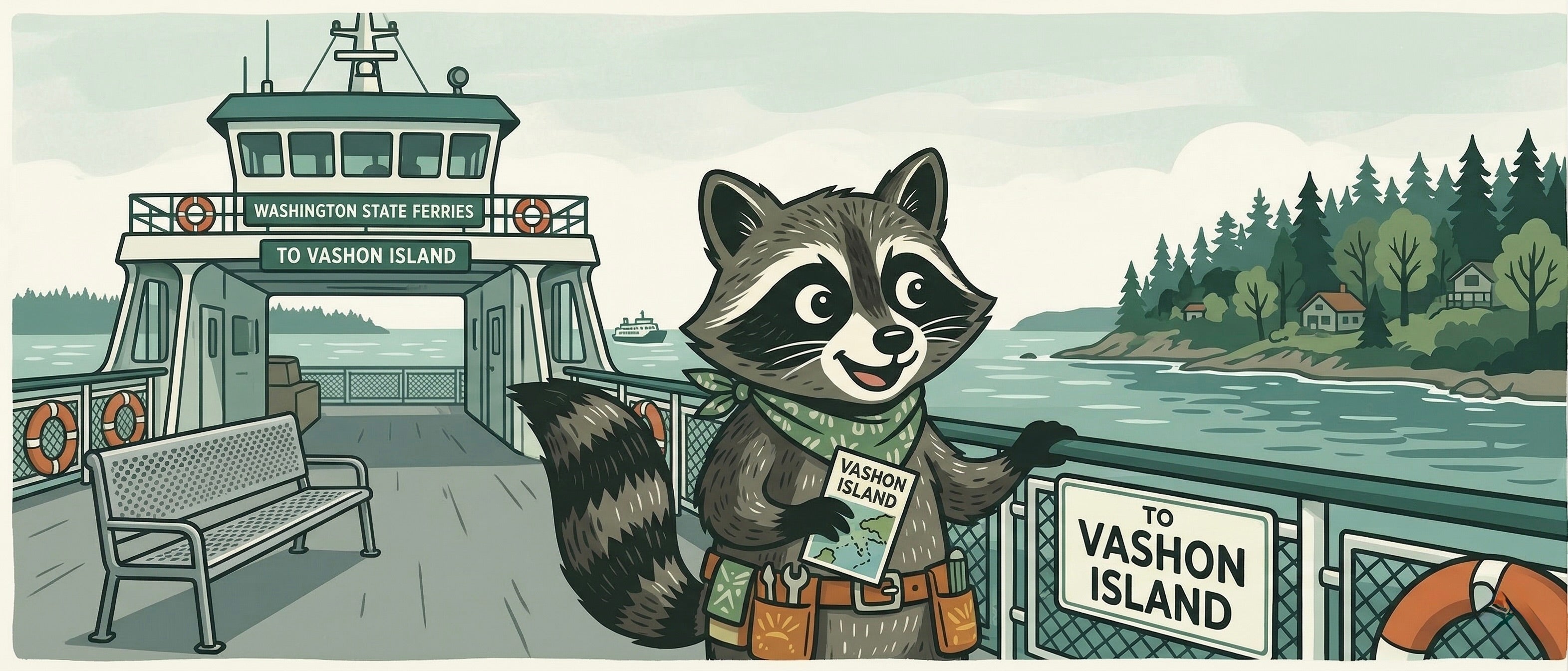 Cartoon raccoon on a ferry with 'To Vashon Island' sign, surrounded by nature.
