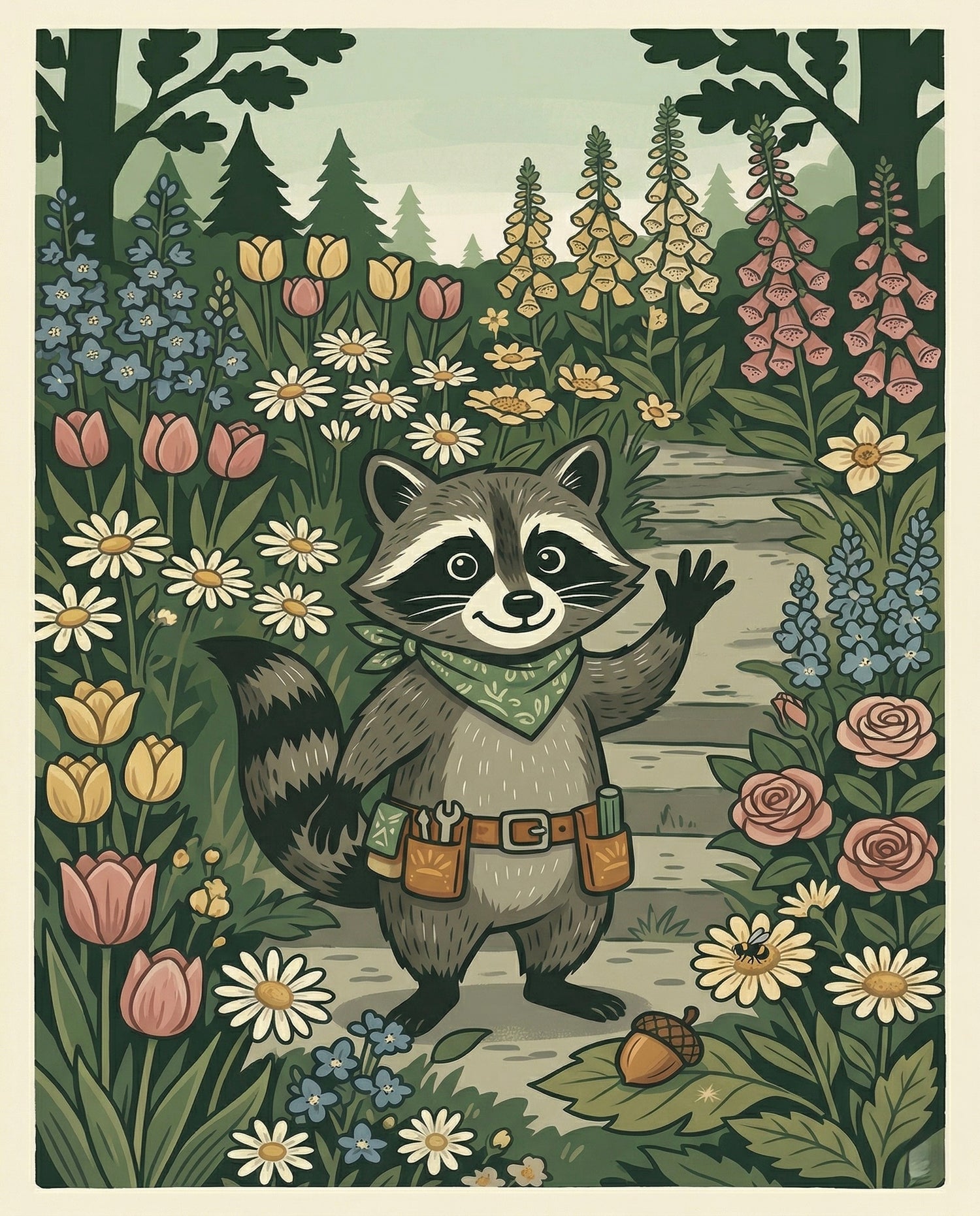 Illustration of a raccoon in a forest with flowers and a path