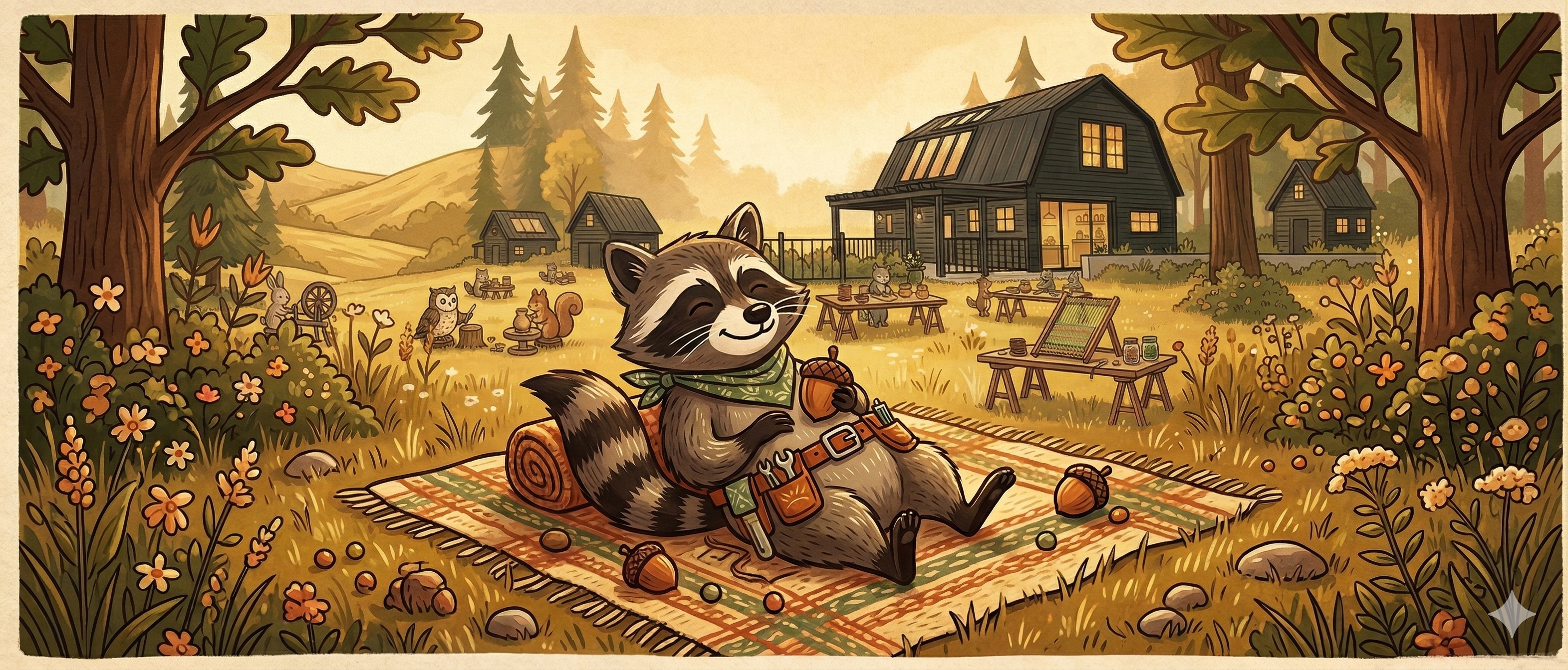 Illustration of a raccoon sitting on a blanket in a forest setting with houses in the background.